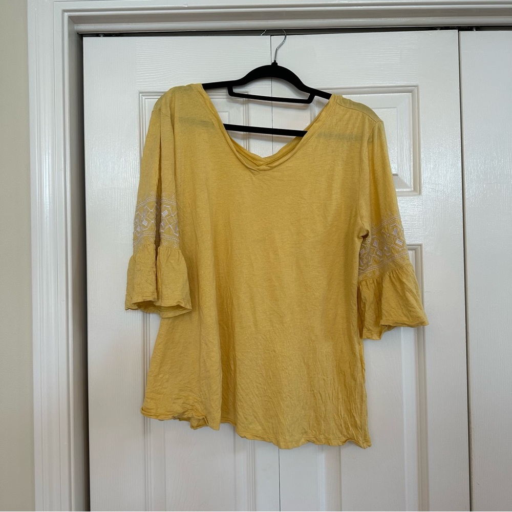 J•Jill embroidered sleeve double-v tee in yellow